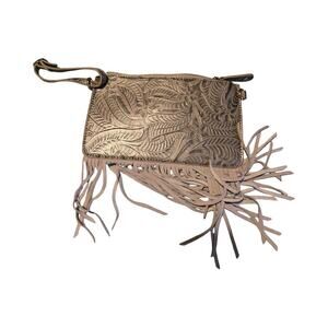 Free People Tooled Embroidered Fringe Gray Wristlet *Flaw*